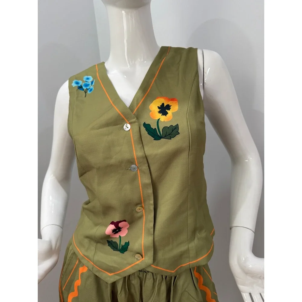 Commense Vest & Shorts Set Olive‎ Green Floral Embroidered Outfit Size XS - Picture 5 of 9
